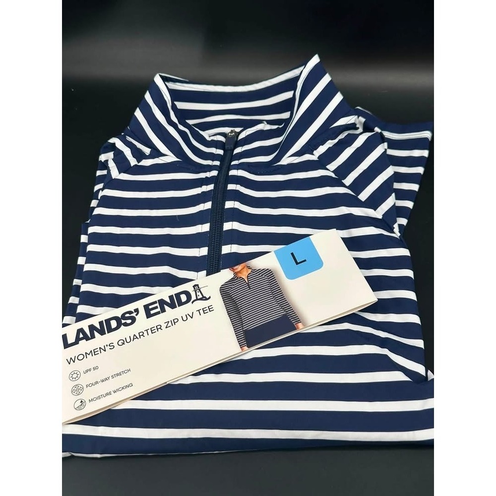 Lands End Womens Quarter Zip‎ UV Tee Navy White Stripe UPF 50 Rash Guard L 14-16 - Picture 2 of 4